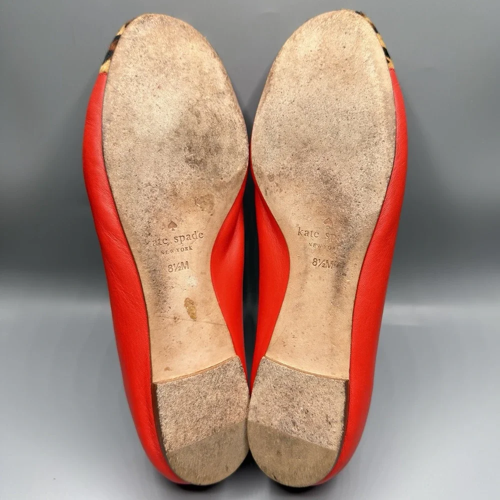 Kate Spade New York Coral Red Leather Cheetah Calf Hair Cap Toe Flats Womens 8.5